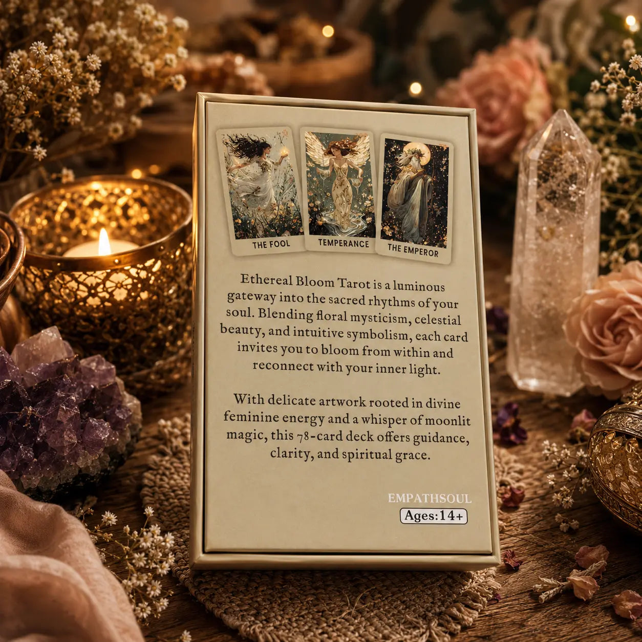 Ethereal Bloom Egy gyönyörű virág otívumos tarot kártya