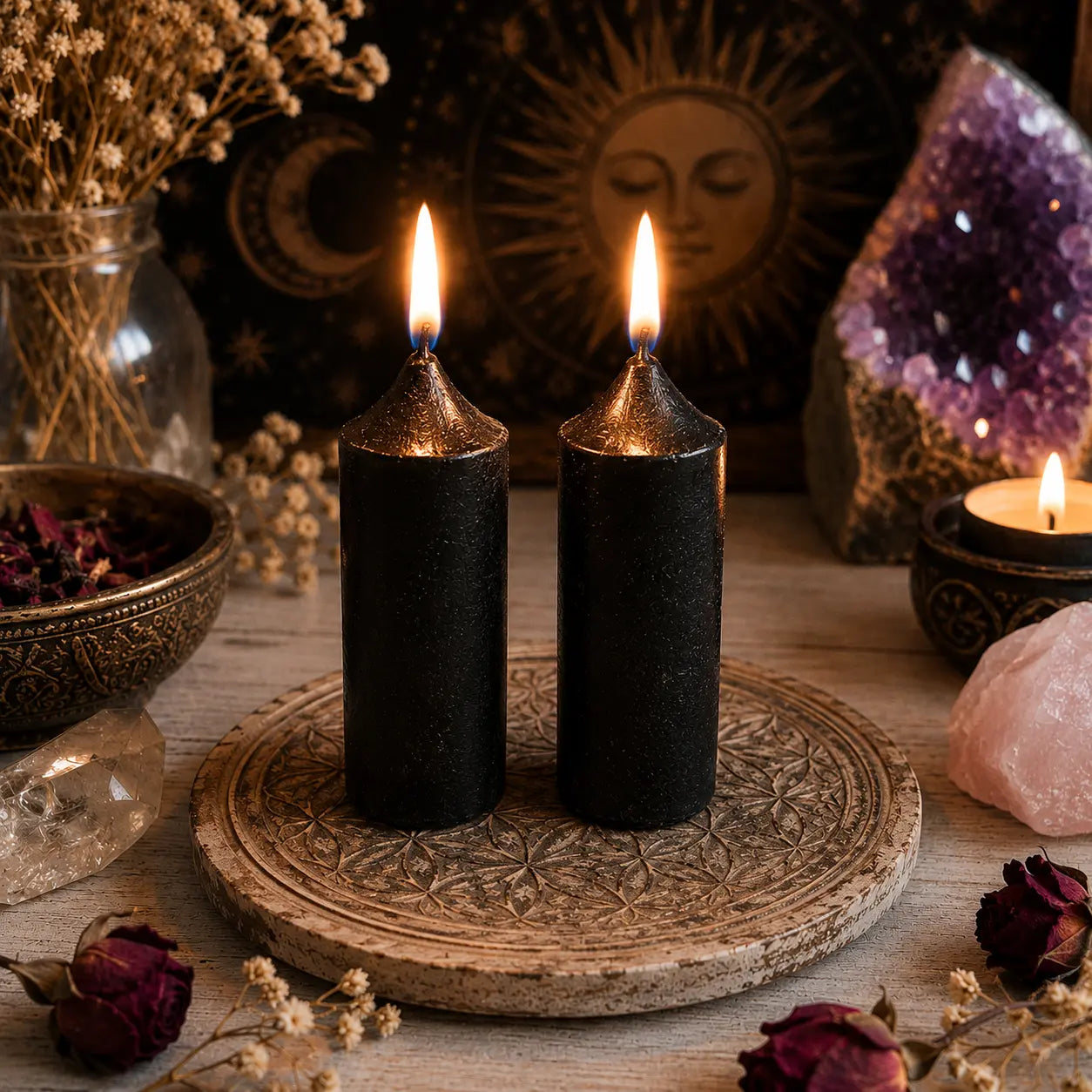Fekete mini rituális gyertyák spirituális környezetben