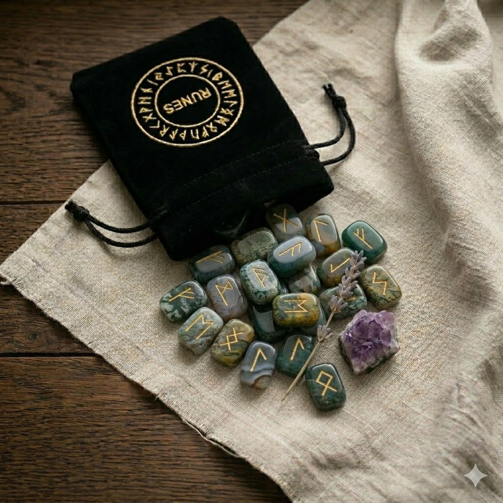 Temészetes Indiai achat Futhark rúna készlet