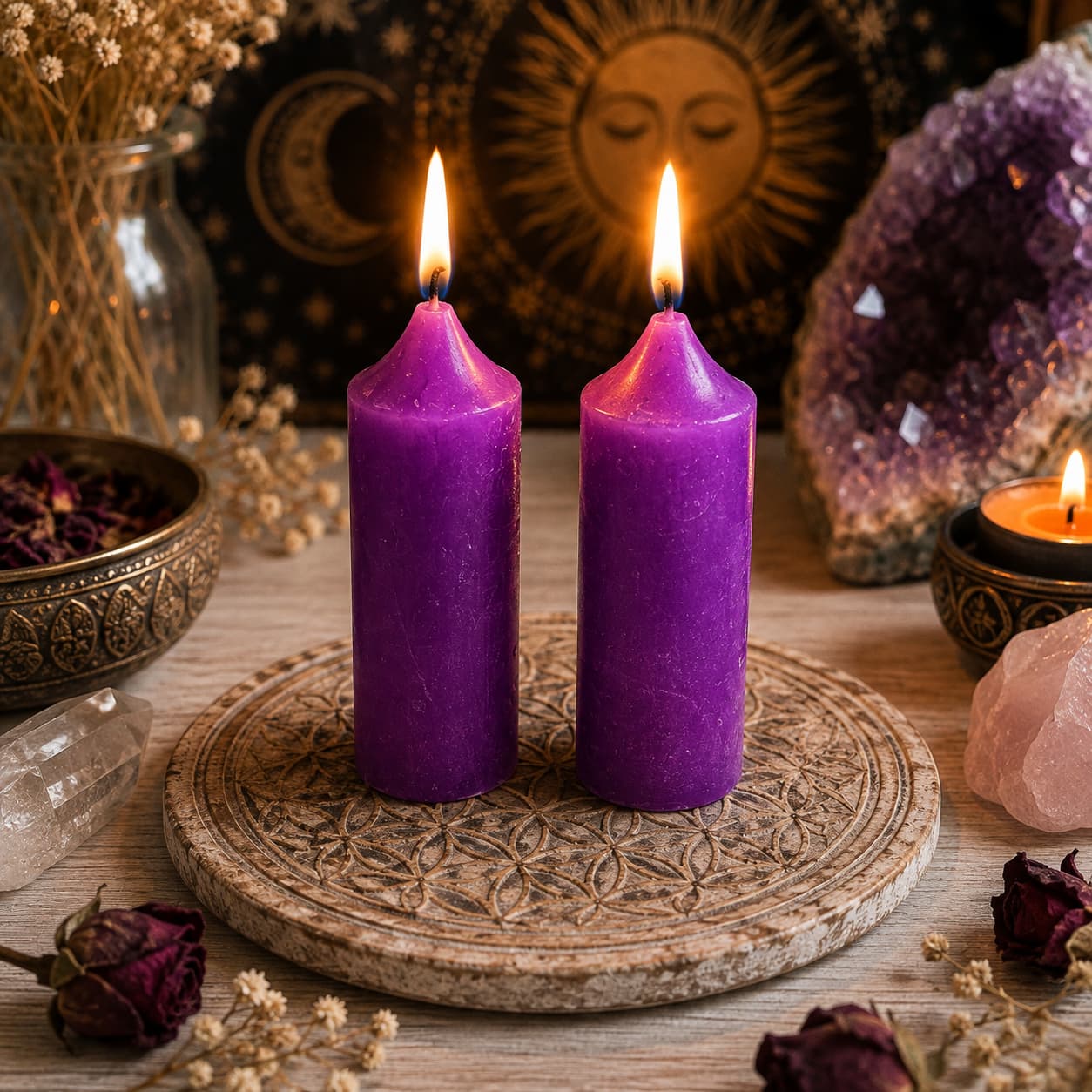 Lila mini rituális gyertyák spirituális környezetben