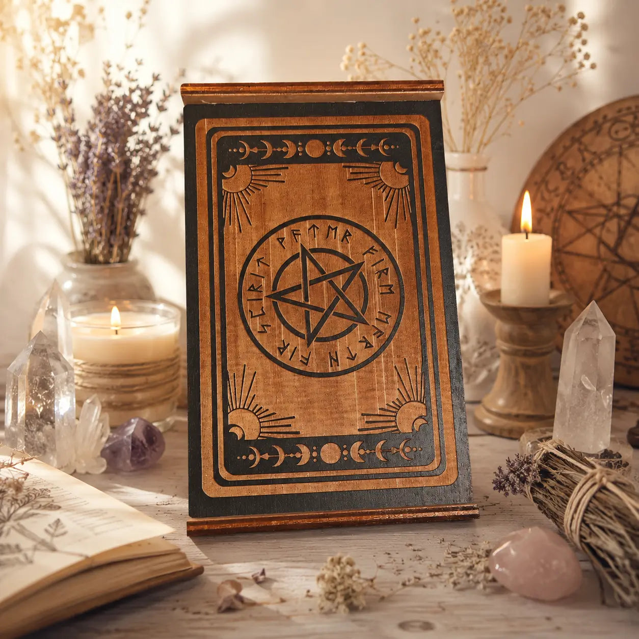 Prntagramm motívumos gravírozott tarot tároló fa doboz