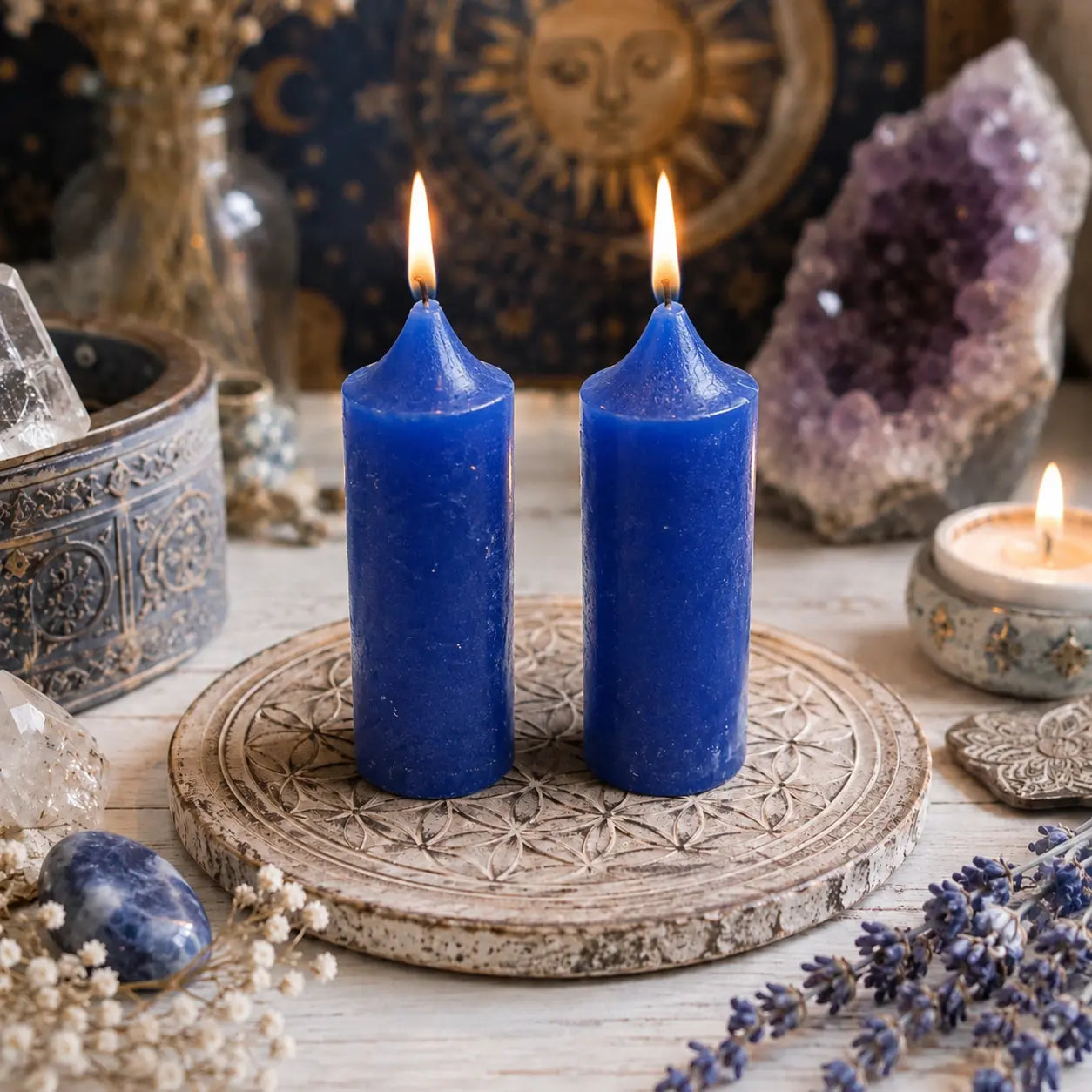 Sötétkék mini rituális gyertyák spirituális környezetben
