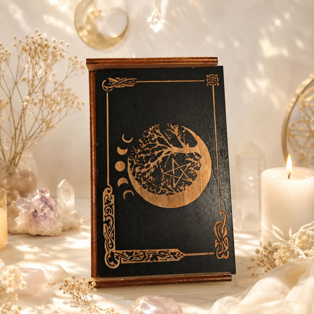 Életfa tarot- és kártyapakli tároló fadoboz

Őrizd tarot- vagy orákulumkártyáidat egy különleges, gravírozott fadobozban, amely egyszerre praktikus tároló és dekoratív spirituális kiegészítő. A fedélen látható Életfa motívum, a holdfázisok és a pentagram az újjászületés, a belső fejlődés és a természet ciklusainak időtlen szimbólumai, ezért sokan szívesen választják oltáruk vagy meditációs sarkuk díszeként is.

A természetes fából készült doboz csúsztatható fedele stabilan illeszkedik, így biztonságosan véd