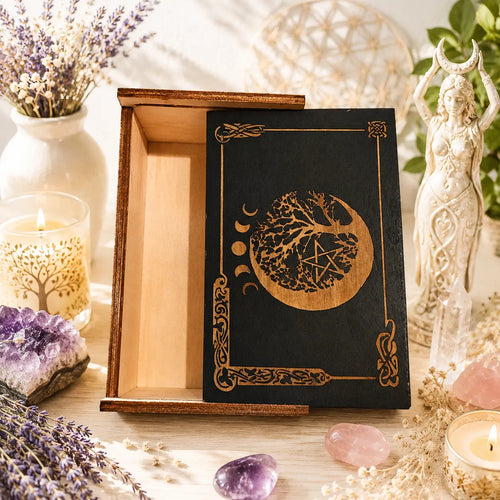 Életfa tarot- és kártyapakli tároló fadoboz

Őrizd tarot- vagy orákulumkártyáidat egy különleges, gravírozott fadobozban, amely egyszerre praktikus tároló és dekoratív spirituális kiegészítő. A fedélen látható Életfa motívum, a holdfázisok és a pentagram az újjászületés, a belső fejlődés és a természet ciklusainak időtlen szimbólumai, ezért sokan szívesen választják oltáruk vagy meditációs sarkuk díszeként is.

A természetes fából készült doboz csúsztatható fedele stabilan illeszkedik, így biztonságosan véd
