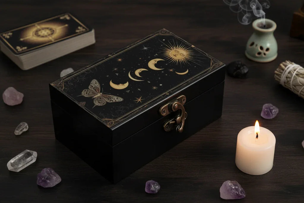 Celestial nap-hold szimbólumos tároló doboz ékszerekhez | WhiteAngel Spiritual