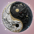 Yin-Yang sárkány fém szobor 20 cm, fekete-fehér-arany, spirituális dekoráció