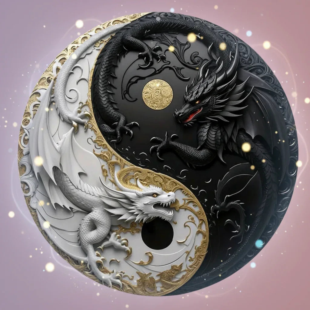 Yin-Yang sárkány fém szobor 20 cm, fekete-fehér-arany, spirituális dekoráció